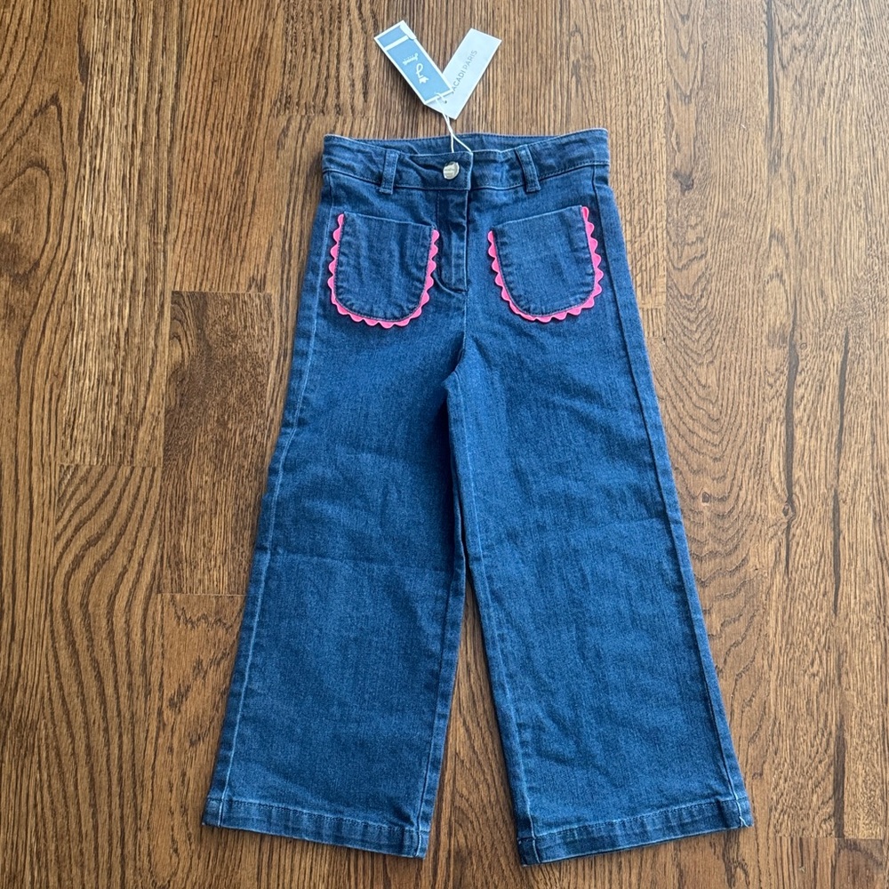 Jacadi Paris Blue Jeans with Pink Trim Ruffle Pocket Detail